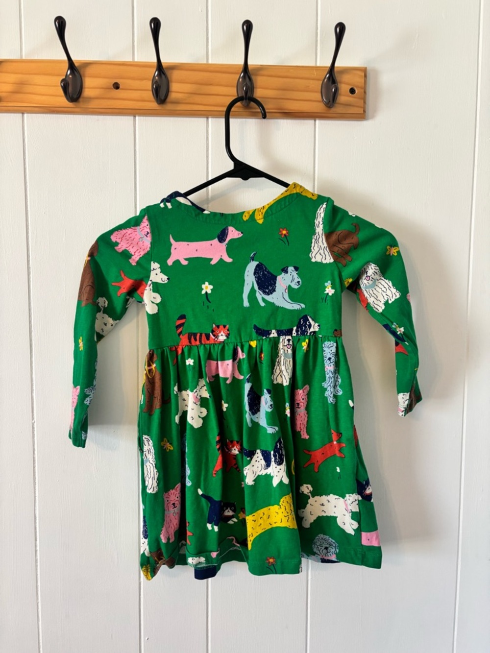 Mini Boden Green Long-Sleeve Dress with Colorful Dog Print